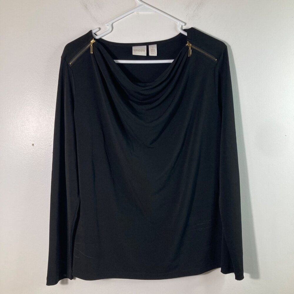 Womens Chicos Shoulder Zip Drape Neck Blouse Black M Long Sleeve Polyester Spand